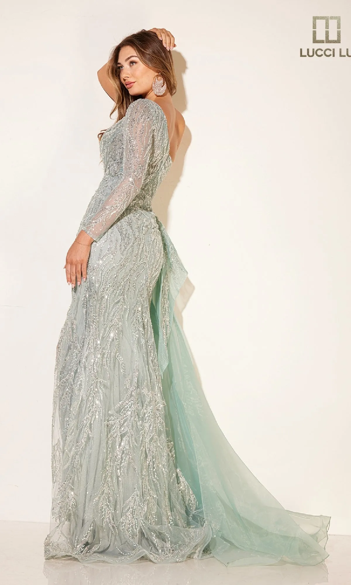 Sheer One-Sleeve Beaded Formal Dress: Lucci Lu C8036 sold by PromGirl product image thumbnail 2