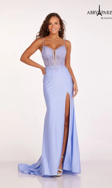 Sheer Corset Glitter Prom Dress: Abby Paris 90207 sold by PromGirl