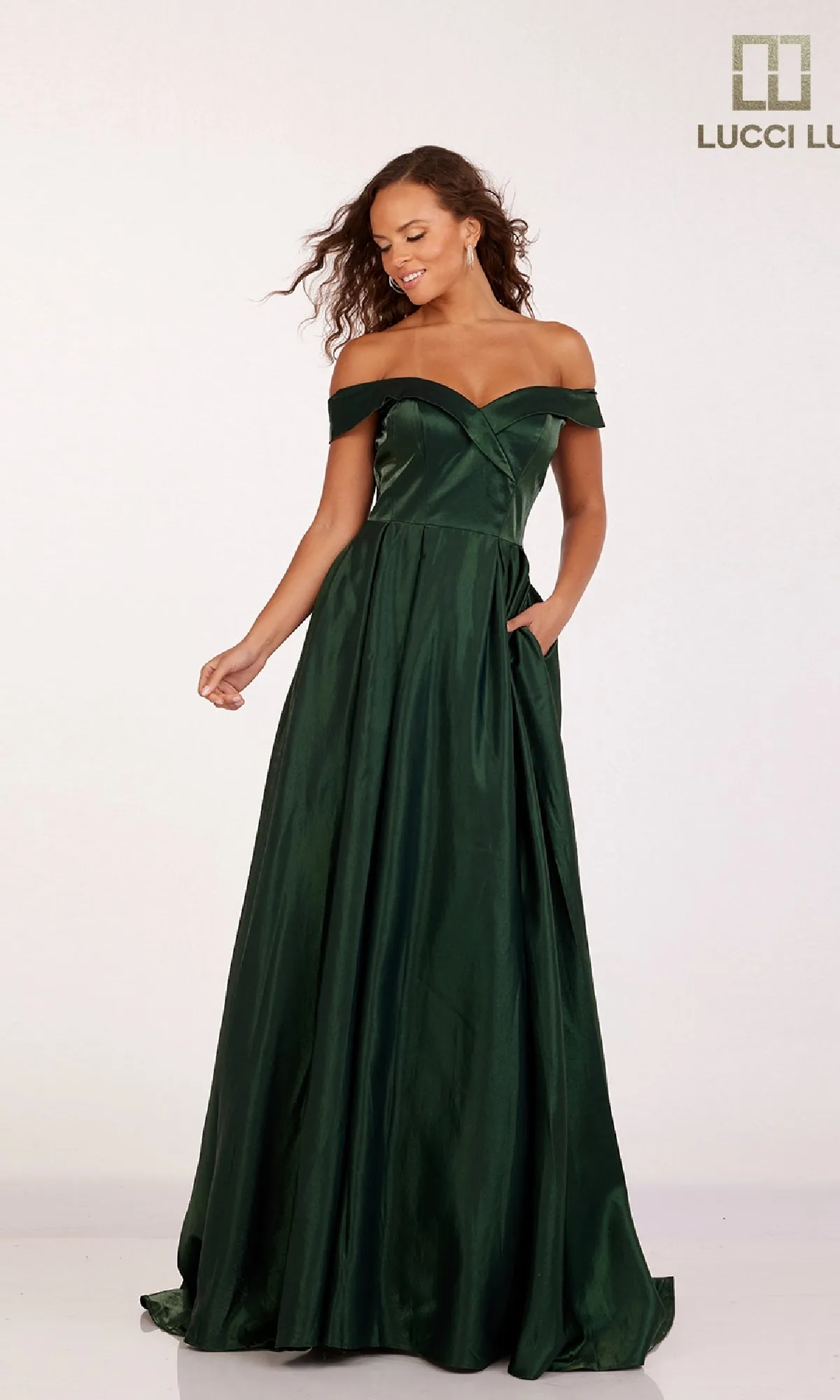 Off-the-Shoulder Satin Prom Dress: Lucci Lu 28063 sold by PromGirl