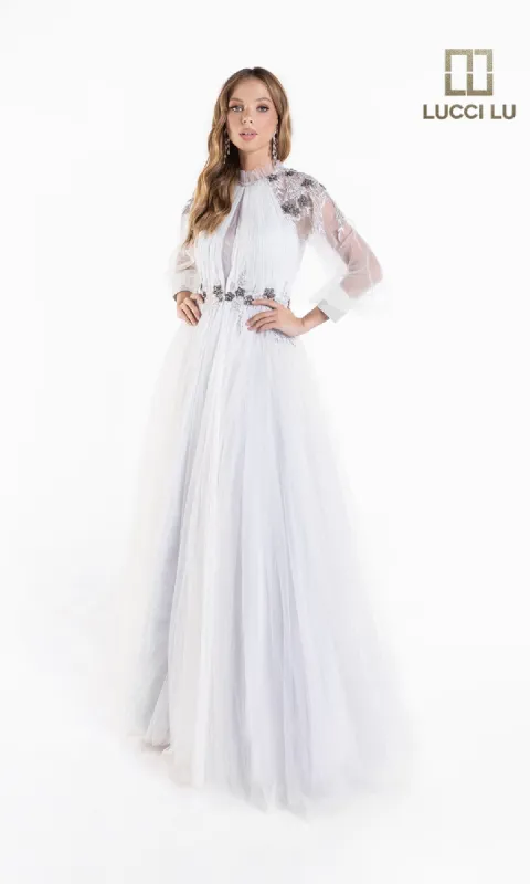 Long-Sleeve A-Line White Formal Dress: Lucci Lu C8057 sold by PromGirl