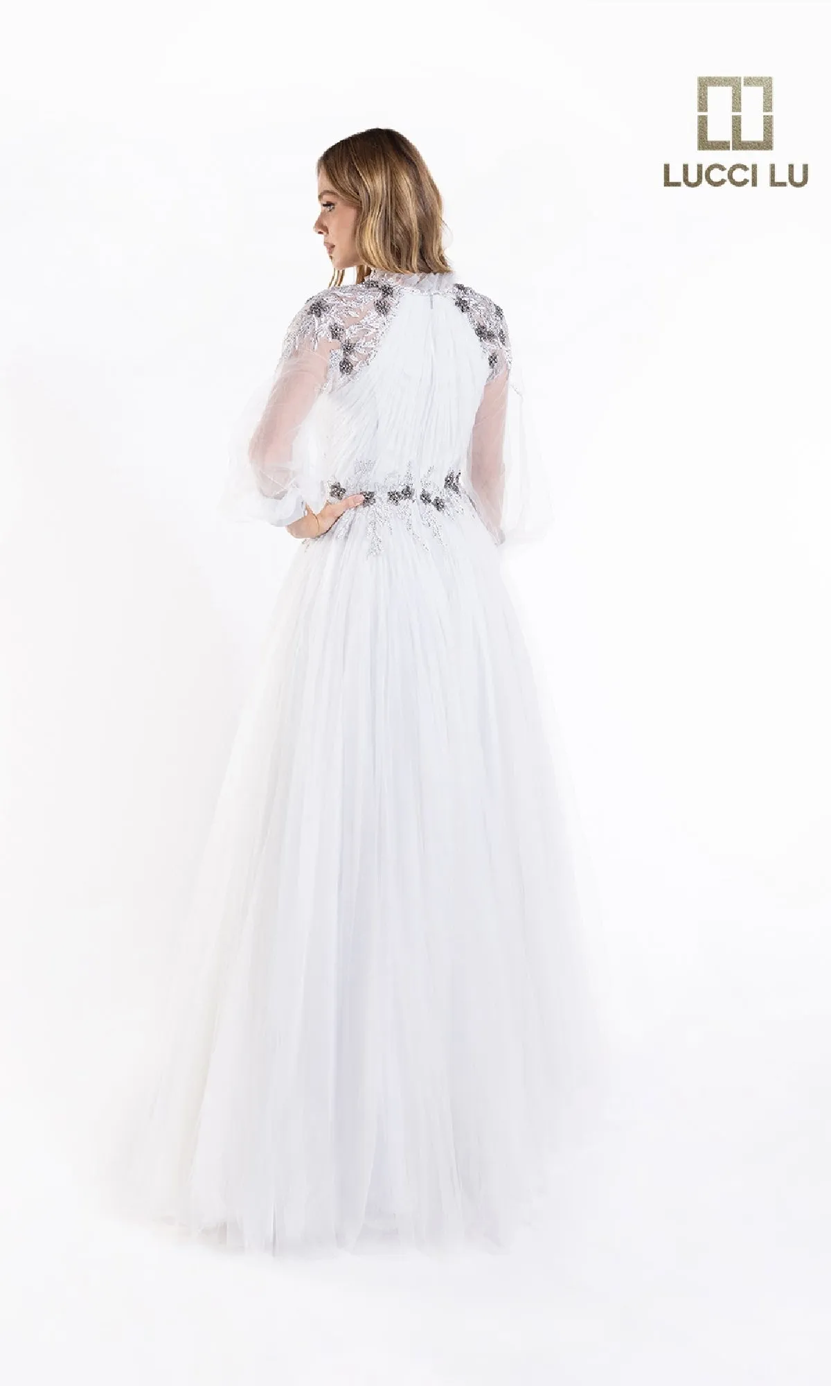 Long-Sleeve A-Line White Formal Dress: Lucci Lu C8057 sold by PromGirl product image thumbnail 2
