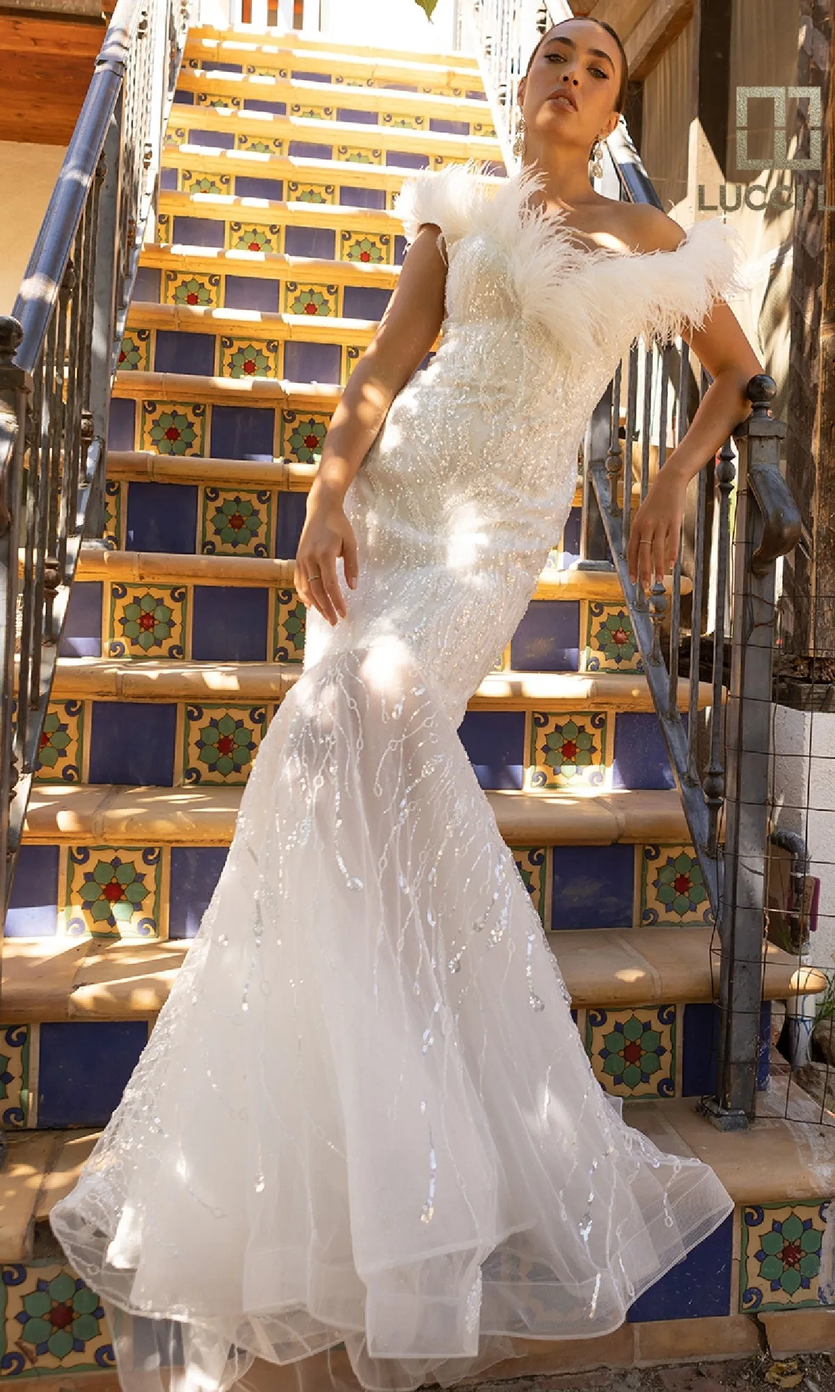 Beaded Tulle White Wedding Dress: Lucci Lu C8051 sold by PromGirl product image thumbnail 5