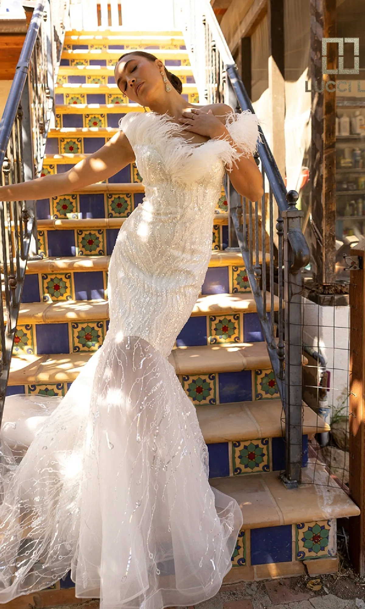 Beaded Tulle White Wedding Dress: Lucci Lu C8051 sold by PromGirl