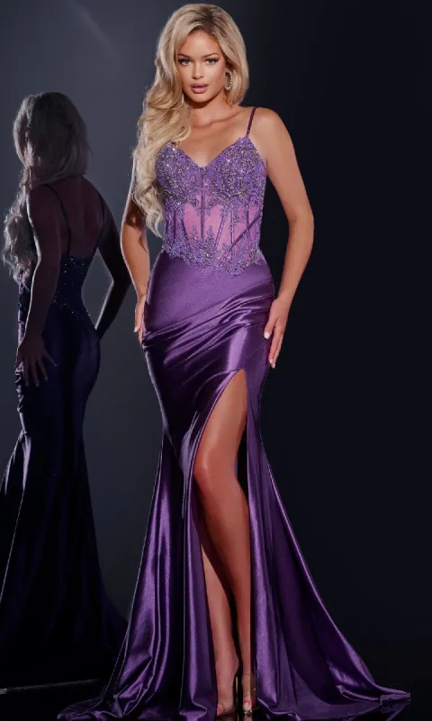 Sheer-Bodice Long Satin Prom Dress: Jovani 42259 sold by PromGirl