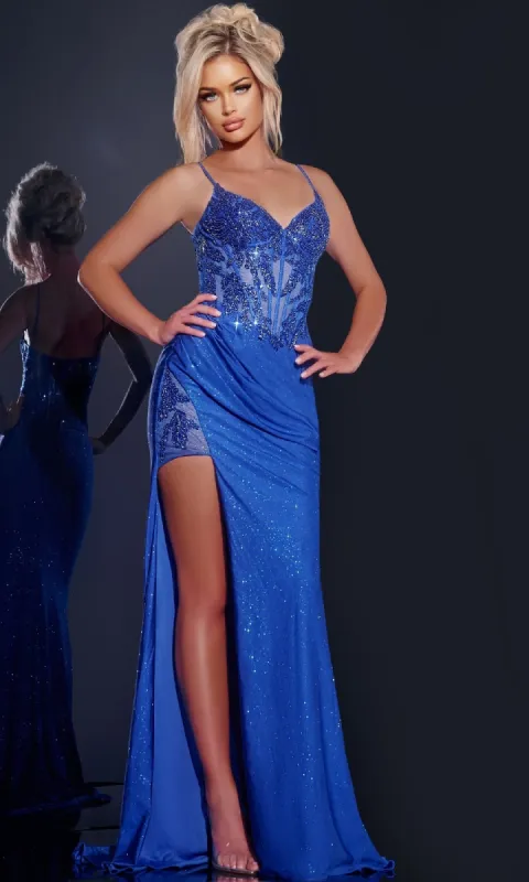 Sparkly Glitter Prom Dress with Slit: Jovani 43283 sold by PromGirl