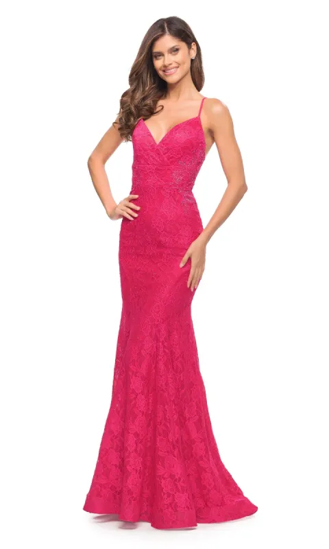 Hot Pink Lace Prom Dress: La Femme 30690 sold by PromGirl
