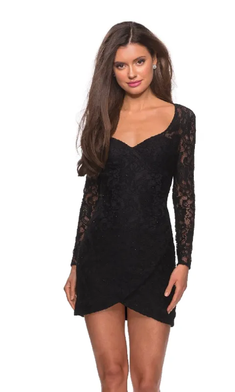 Long Sleeve Mini Lace Hoco Dress: La Femme 28232 sold by PromGirl