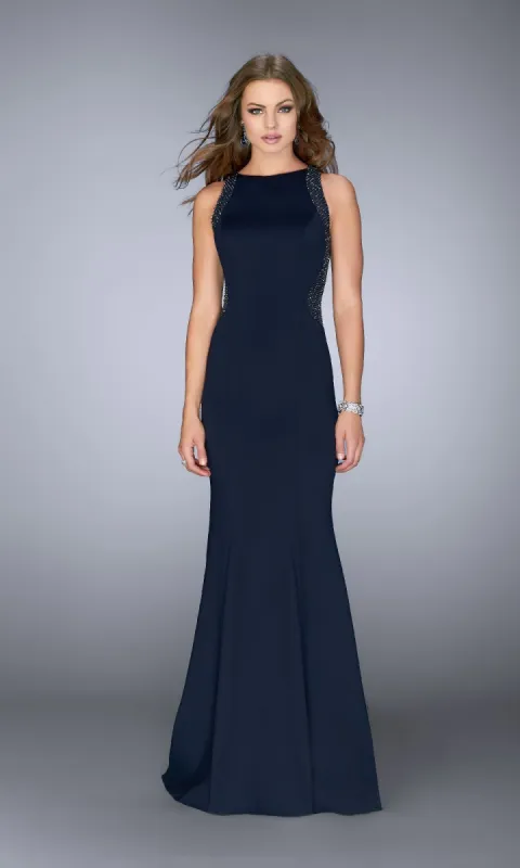 Long Navy Blue Prom Dress: La Femme 24839 sold by PromGirl
