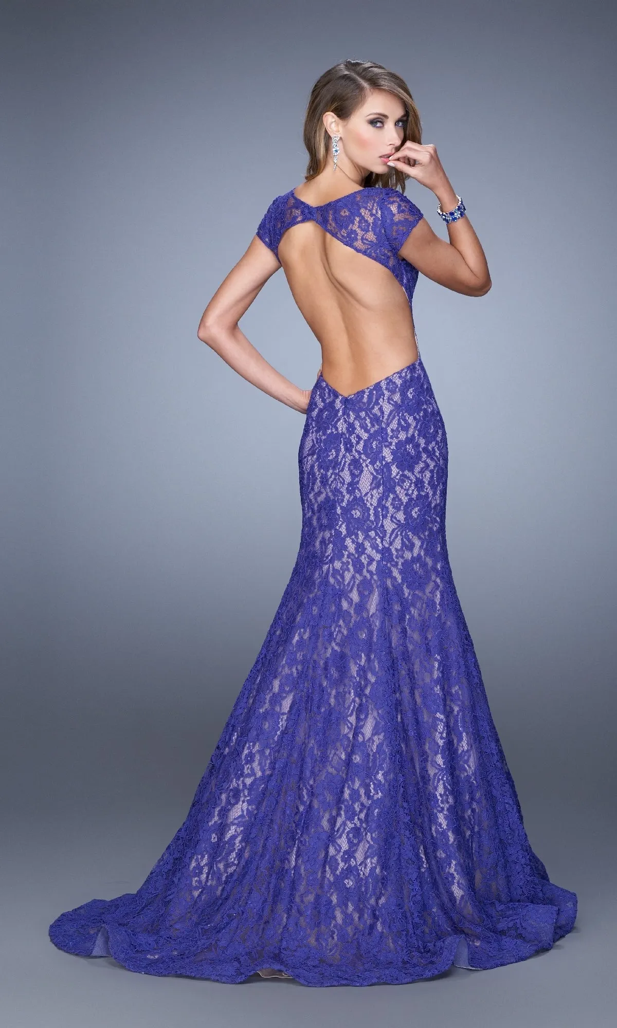 Cap-Sleeve Long Lace Prom Dress: La Femme 21509 sold by PromGirl product image thumbnail 3