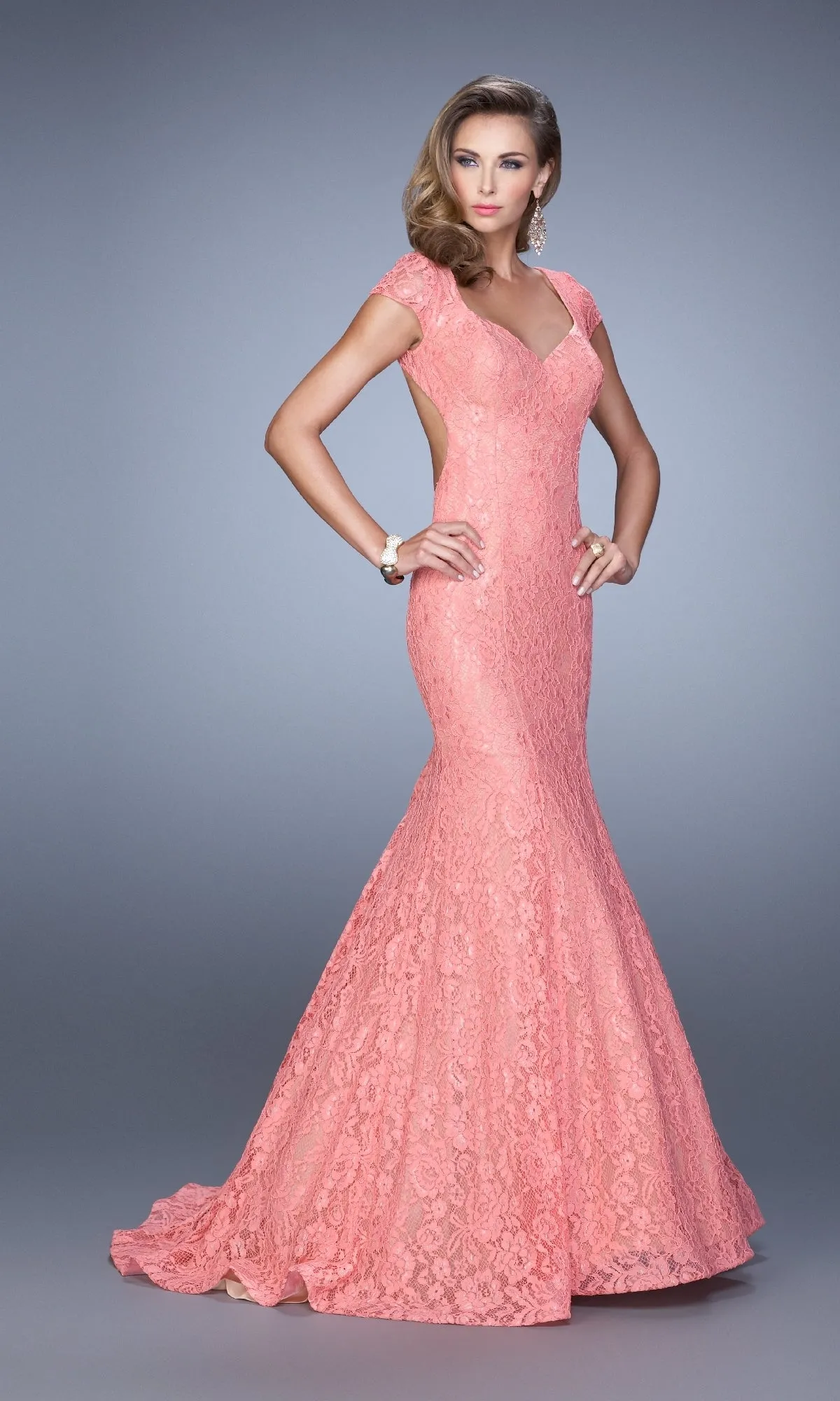 Cap-Sleeve Long Lace Prom Dress: La Femme 21509 sold by PromGirl
