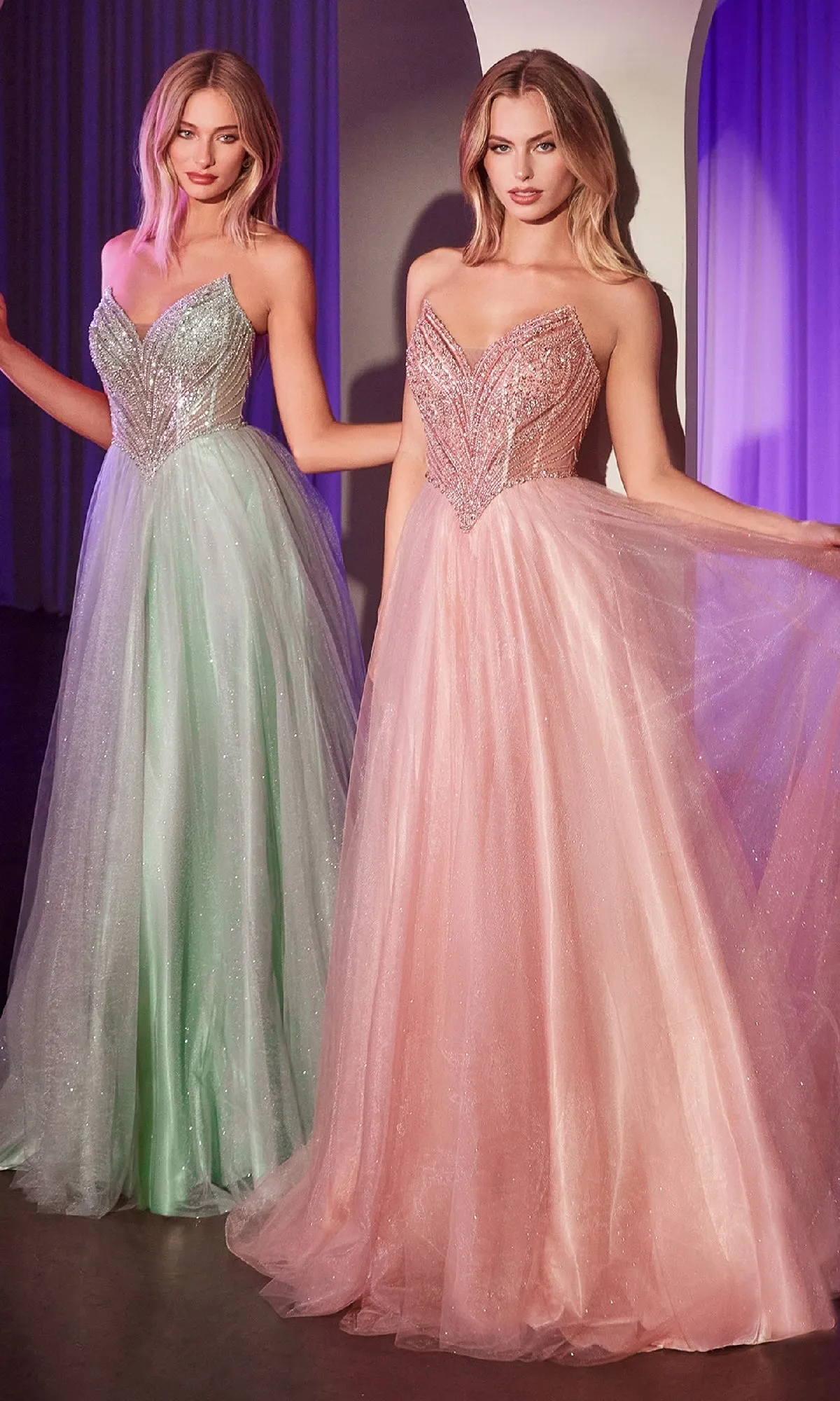 Beaded-Bodice Long Prom Dress: Ladivine CC415 sold by PromGirl