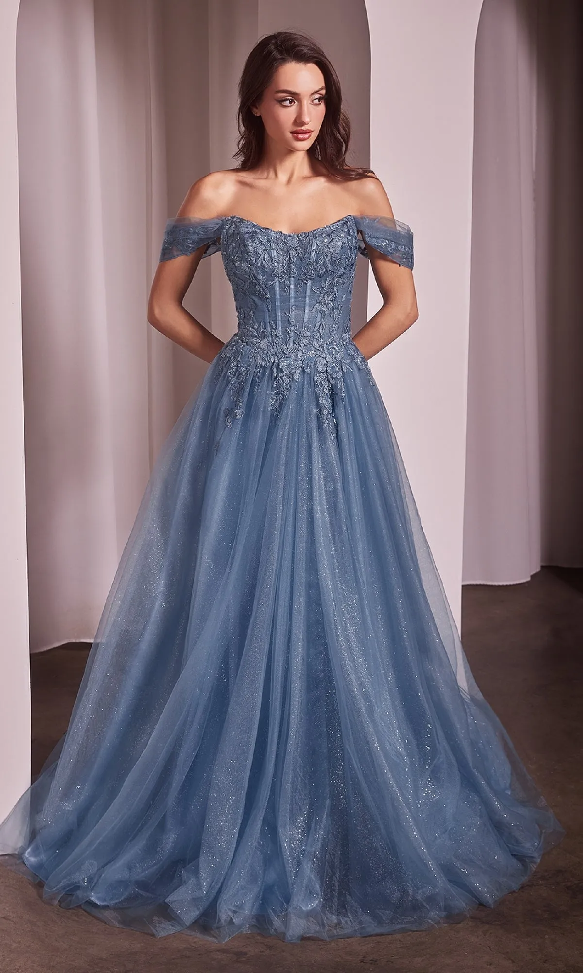 Off-Shoulder Long Prom Dress: Ladivine CD799 sold by PromGirl