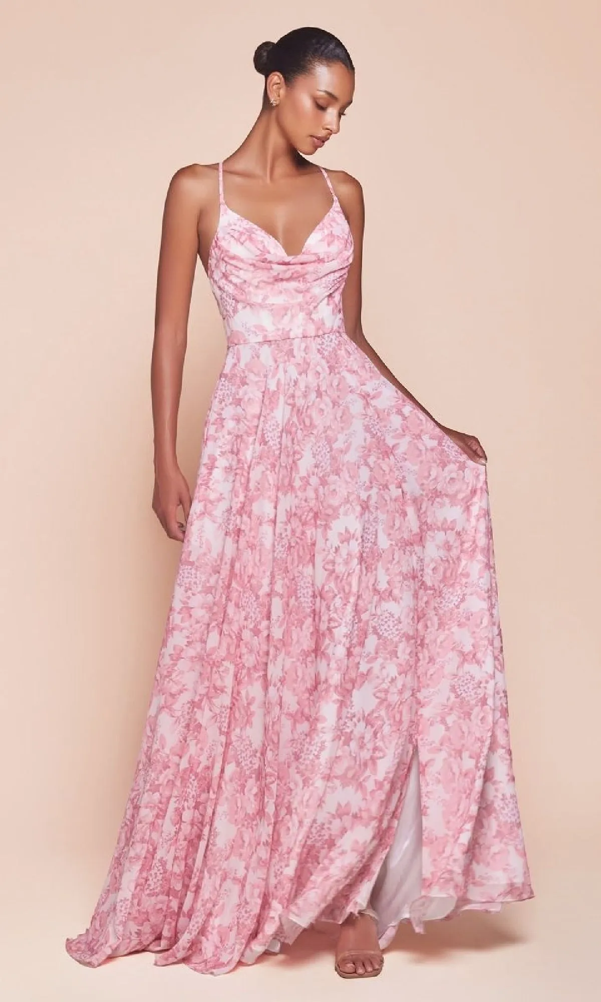 Floral-Print Long A-Line Prom Dress: Ladivine 7444 sold by PromGirl product image thumbnail 3