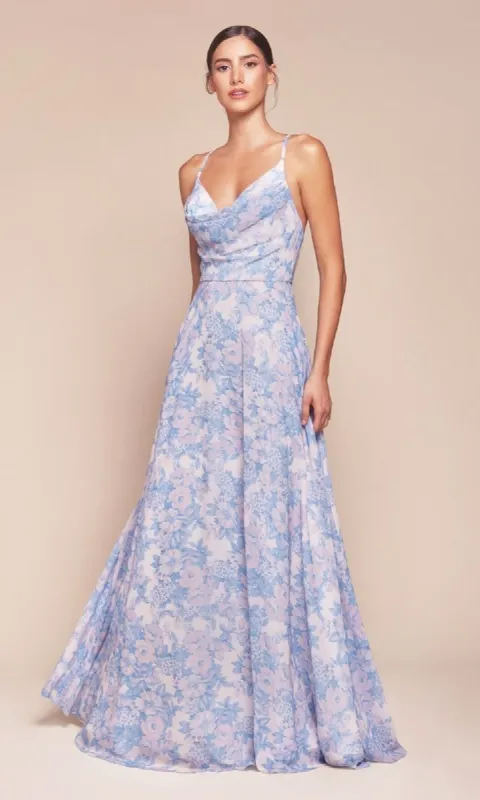 Floral-Print Long A-Line Prom Dress: Ladivine 7444 sold by PromGirl