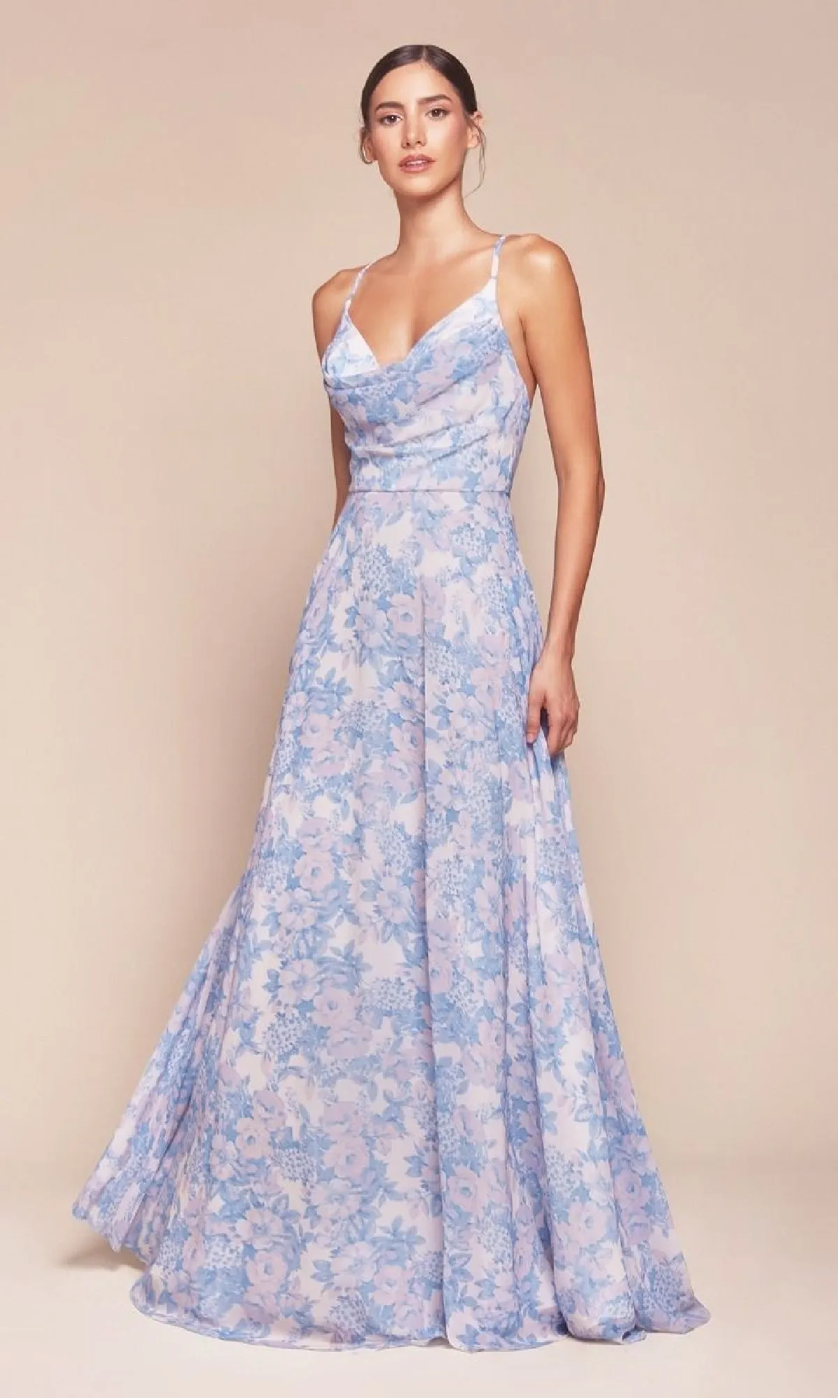 Floral-Print Long A-Line Prom Dress: Ladivine 7444 sold by PromGirl