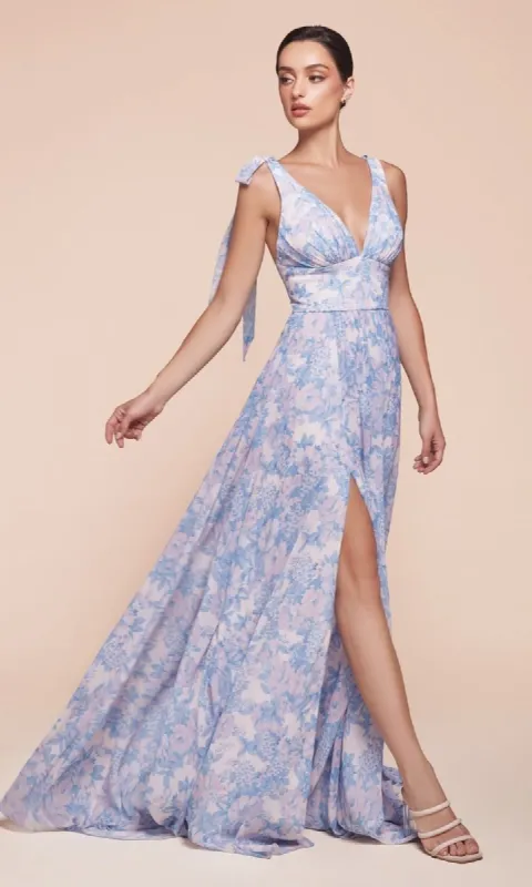 Long Floral-Print A-Line Prom Dress: Ladivine 7442 sold by PromGirl