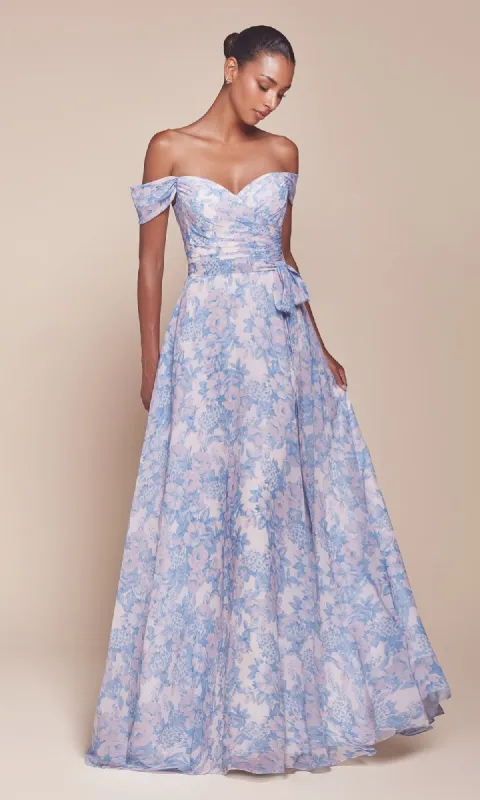 Long Floral-Print A-Line Prom Dress: Ladivine 7441 sold by PromGirl