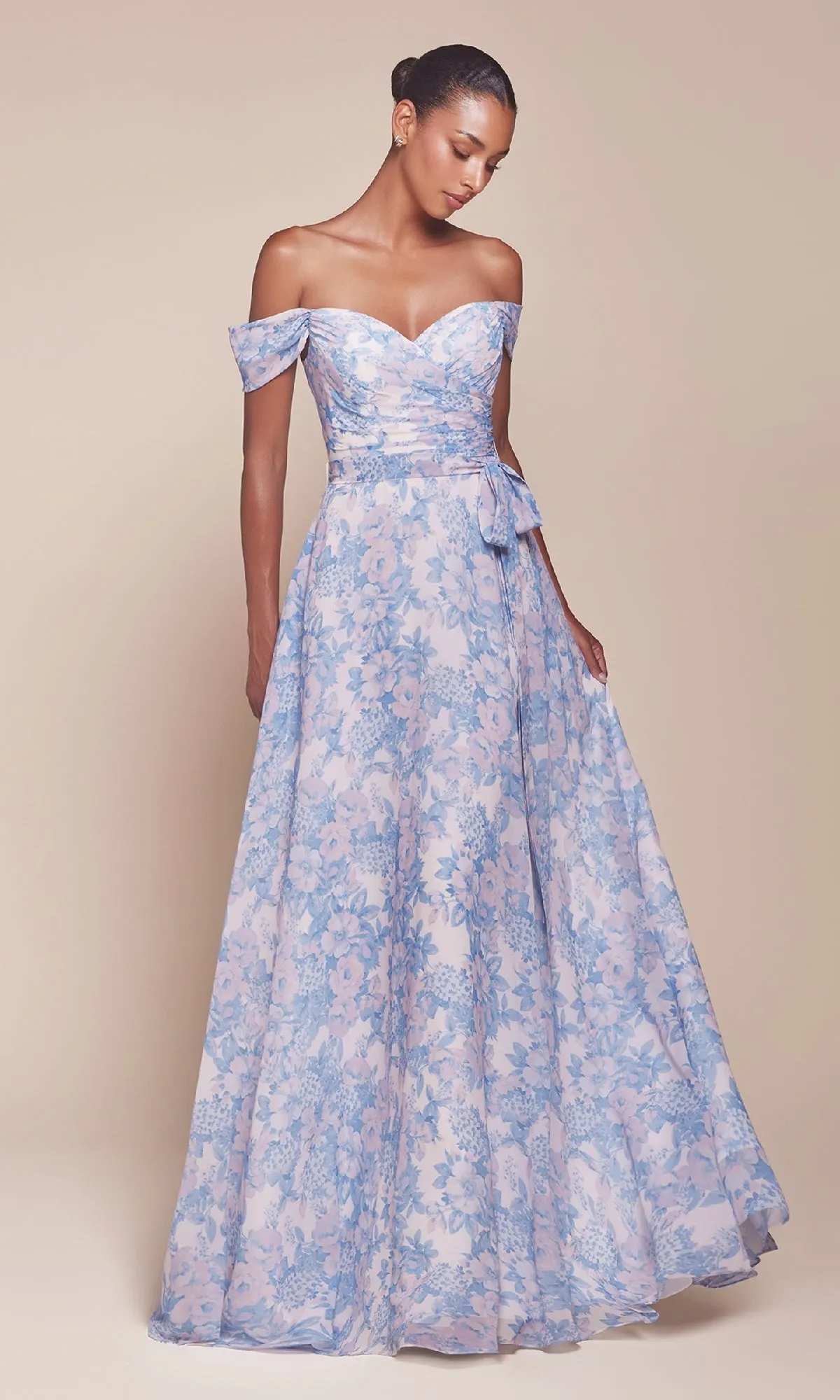Long Floral-Print A-Line Prom Dress: Ladivine 7441 sold by PromGirl
