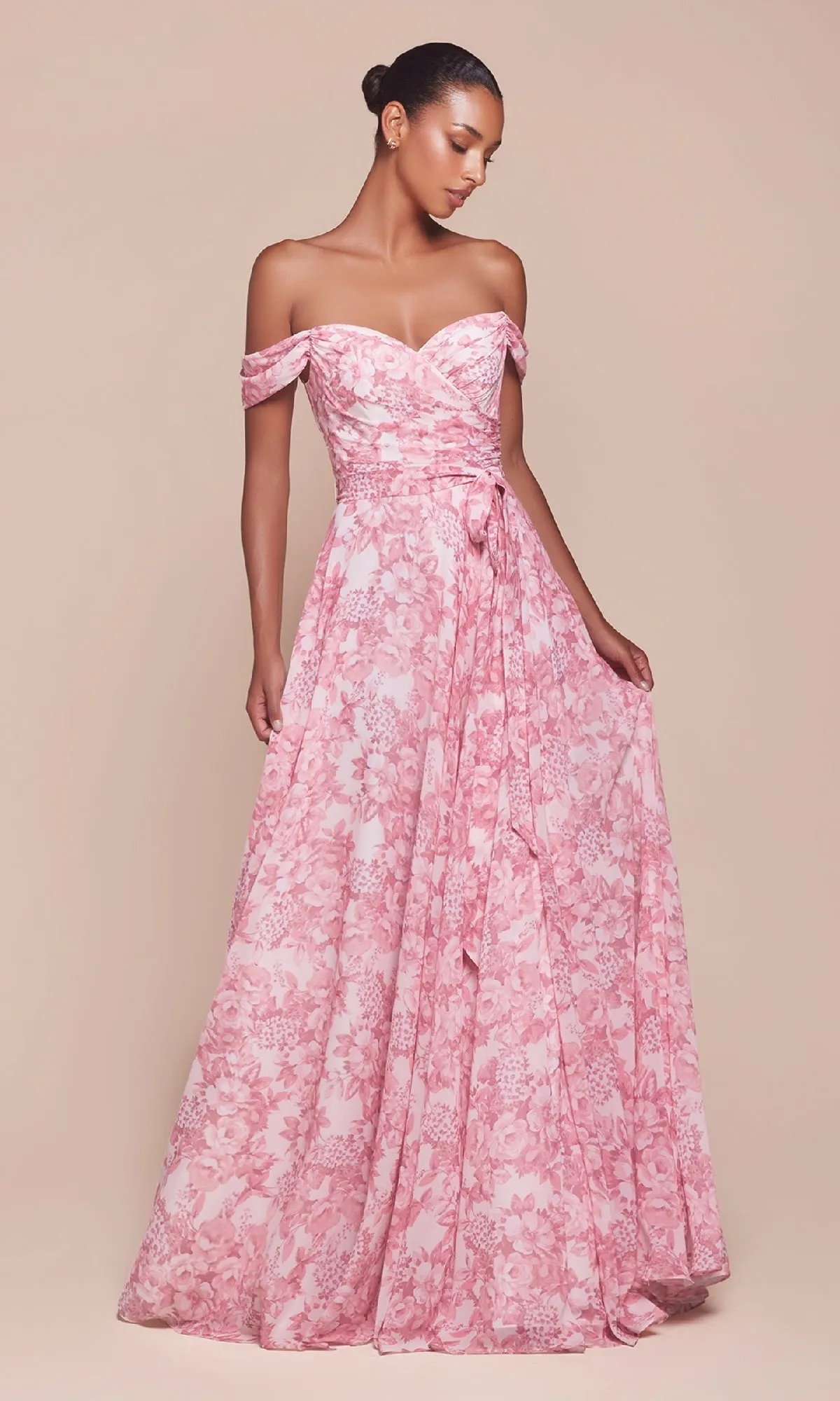 Long Floral-Print A-Line Prom Dress: Ladivine 7441 sold by PromGirl product image thumbnail 3