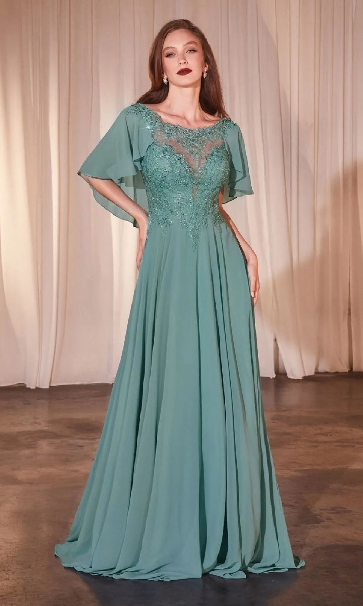 Cape-Sleeve Long A-Line Prom Dress: Ladivine HT101 sold by PromGirl product image thumbnail 4