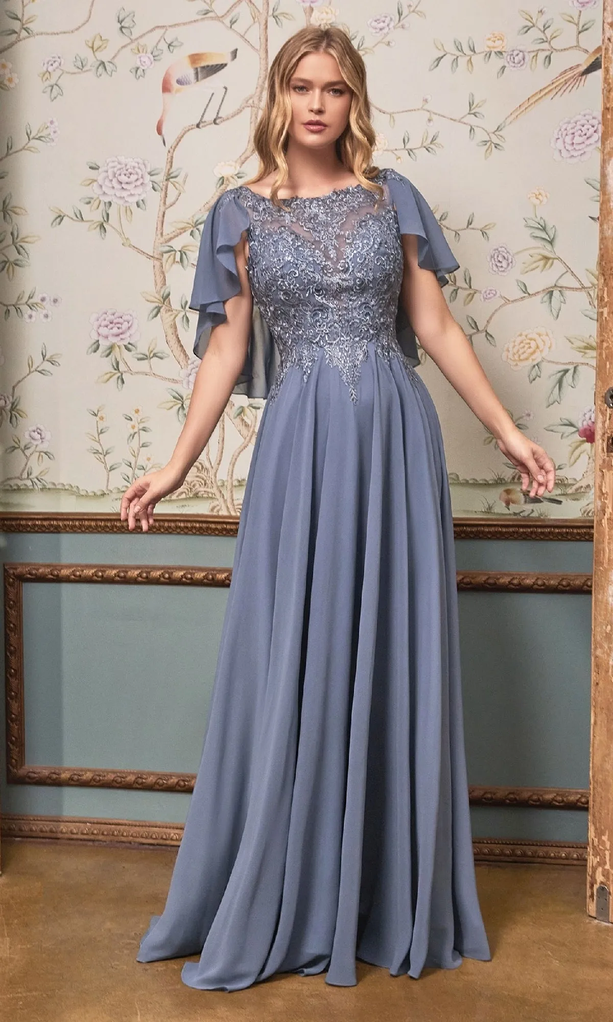 Cape-Sleeve Long A-Line Prom Dress: Ladivine HT101 sold by PromGirl product image thumbnail 5