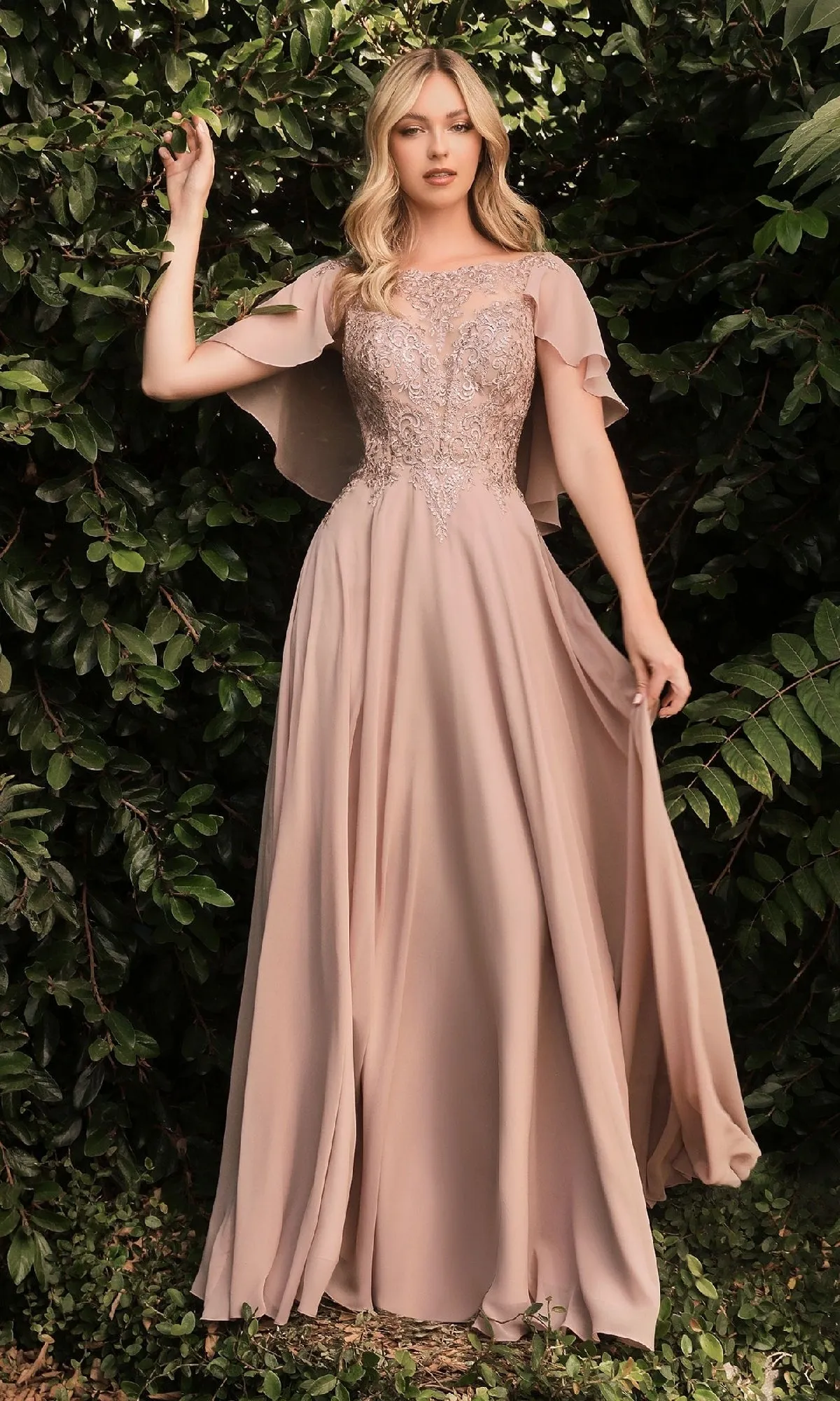 Cape-Sleeve Long A-Line Prom Dress: Ladivine HT101 sold by PromGirl product image thumbnail 3