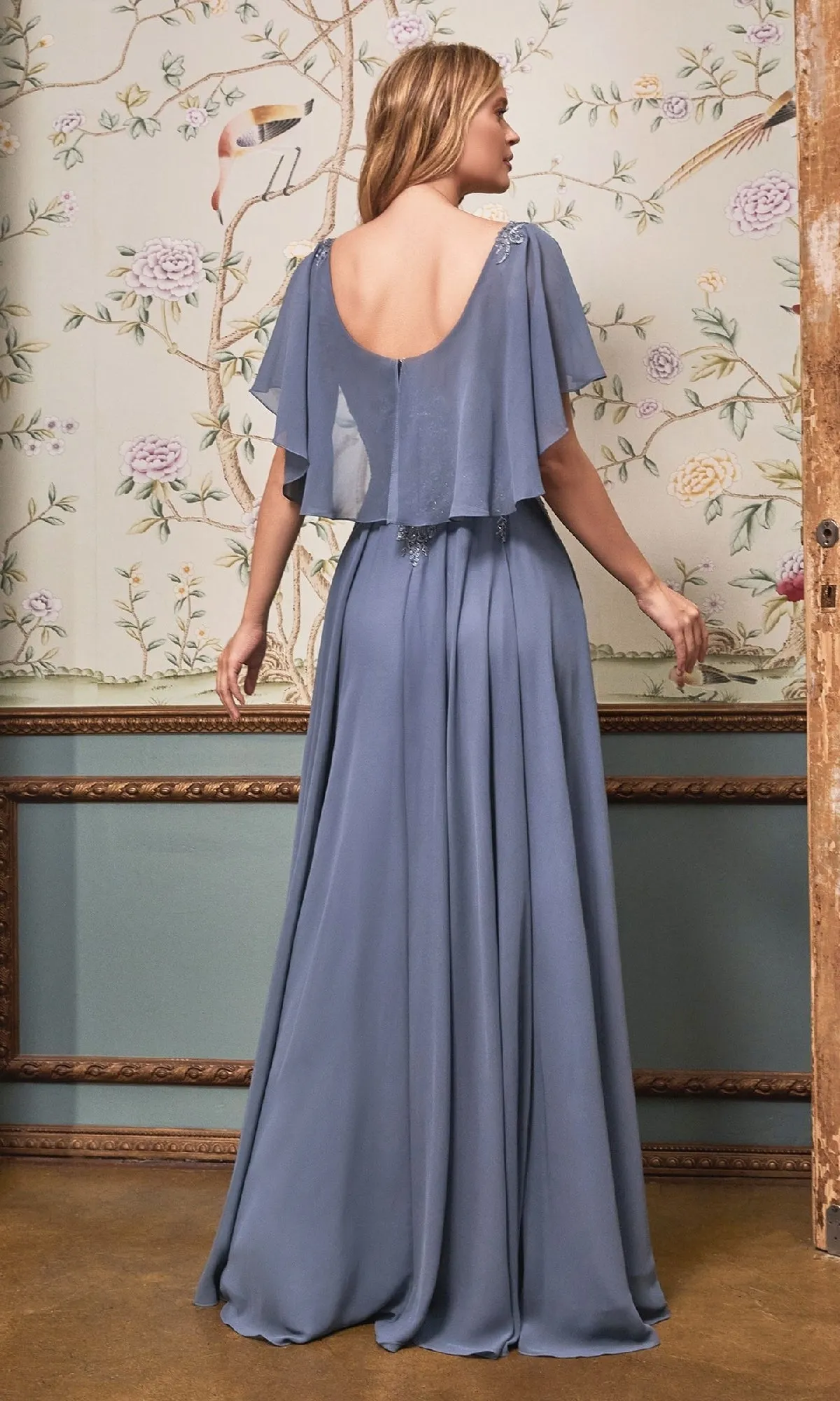 Cape-Sleeve Long A-Line Prom Dress: Ladivine HT101 sold by PromGirl product image thumbnail 2