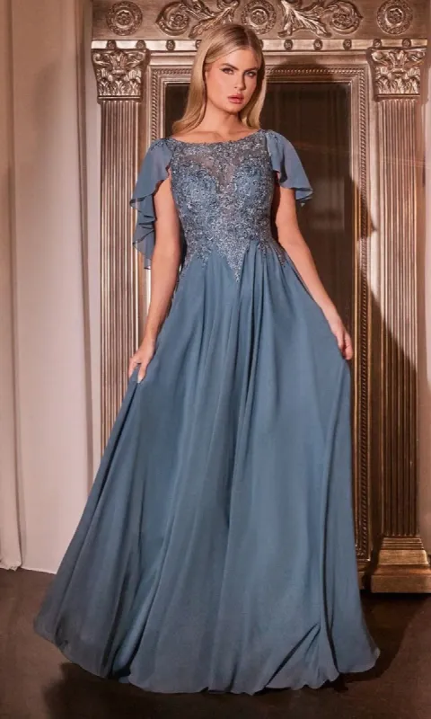 Cape-Sleeve Long A-Line Prom Dress: Ladivine HT101 sold by PromGirl