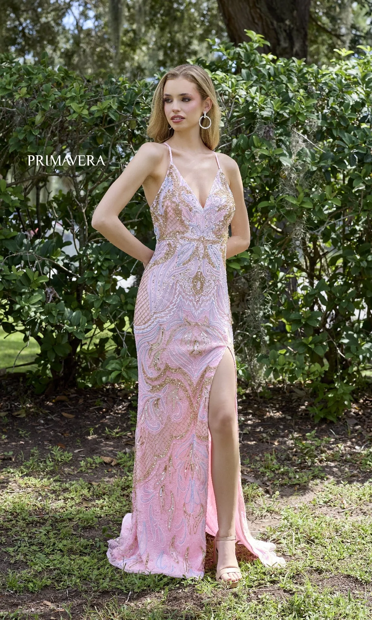 Long Beaded V-Neck Prom Dress: Primavera 4311 sold by PromGirl product image thumbnail 4