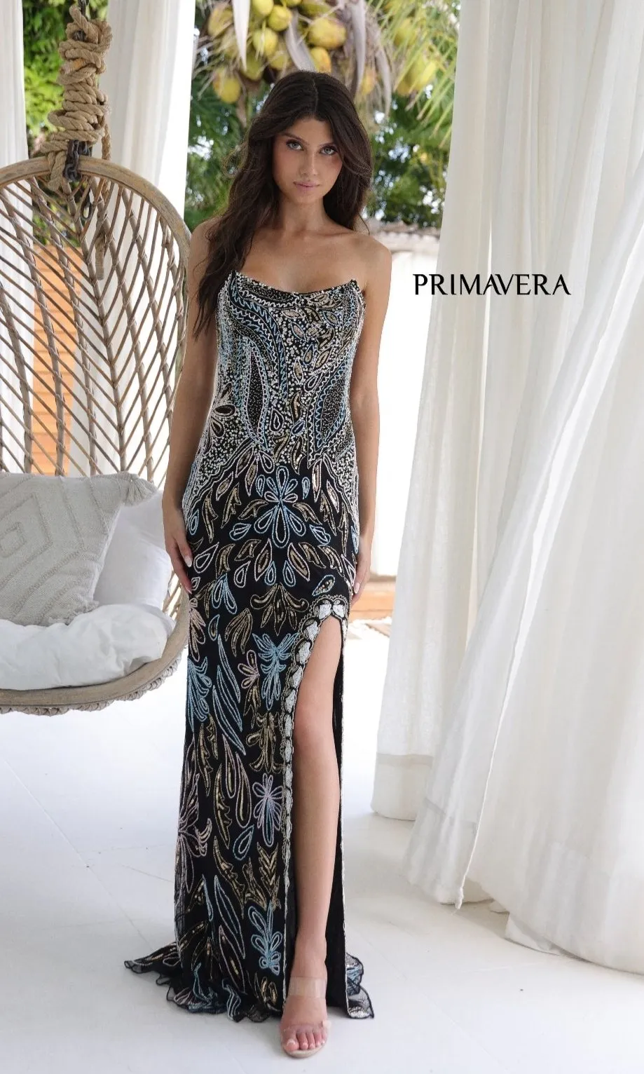 Strapless Beaded-Print Prom Dress: Primavera 4331 sold by PromGirl
