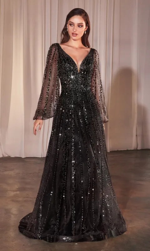 Long Sleeve Beaded Formal Dress: Ladivine CD0240 sold by PromGirl