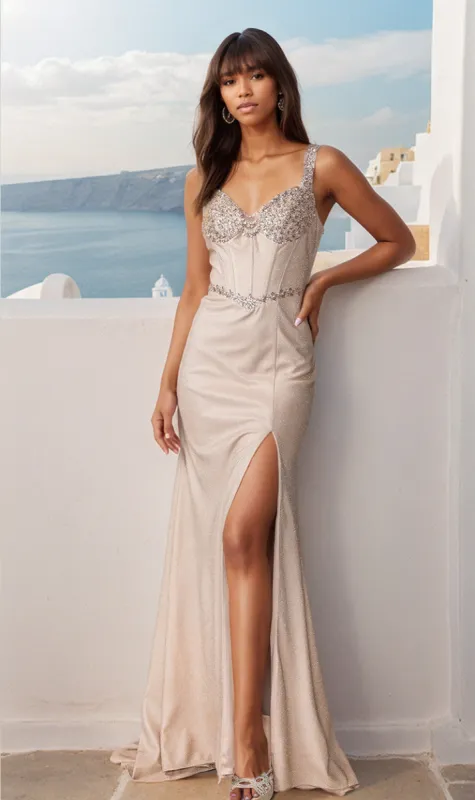 Beaded-Bust Lace-Up Long Prom Dress sold by PromGirl