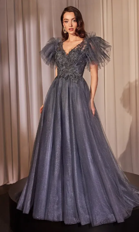 Flutter-Sleeve Blue Prom Ball Gown: Ladivine CM359 sold by PromGirl