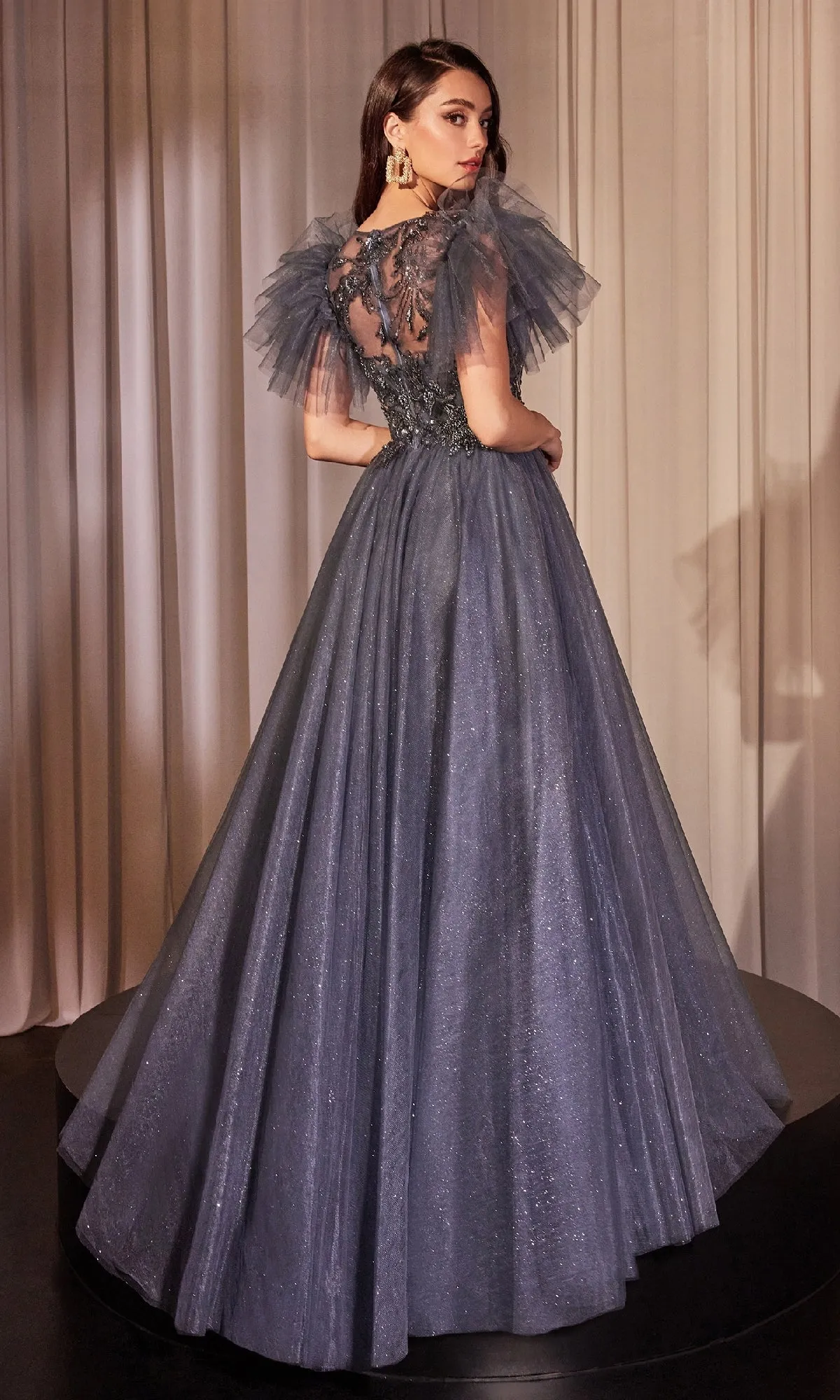Flutter-Sleeve Blue Prom Ball Gown: Ladivine CM359 sold by PromGirl product image thumbnail 2