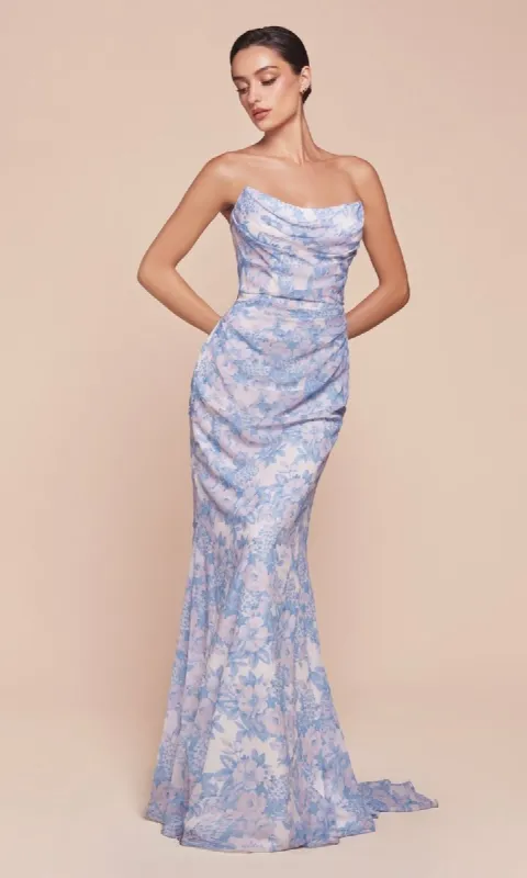 Strapless Long Floral-Print Prom Dress: Ladivine 7445 sold by PromGirl