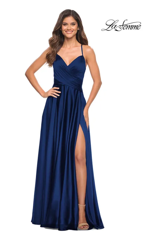 La Femme Lace-Up Back Long Satin A-Line Prom Dress made by La Femme
