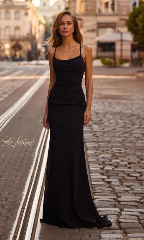 Strappy-Back Tight Long Prom Dress: La Femme 33086 sold by PromGirl