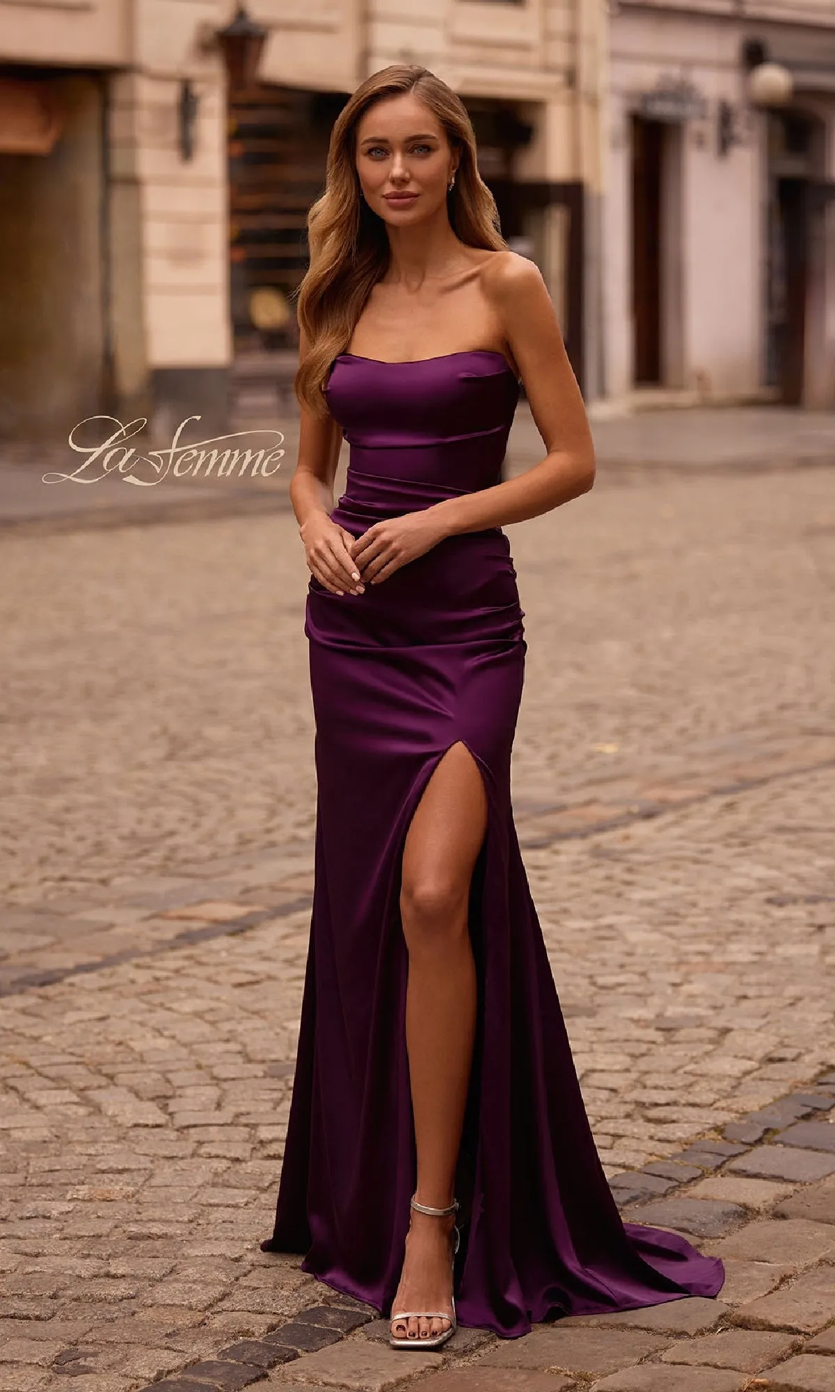 Strapless Long Satin Prom Dress: La Femme 32952 sold by PromGirl