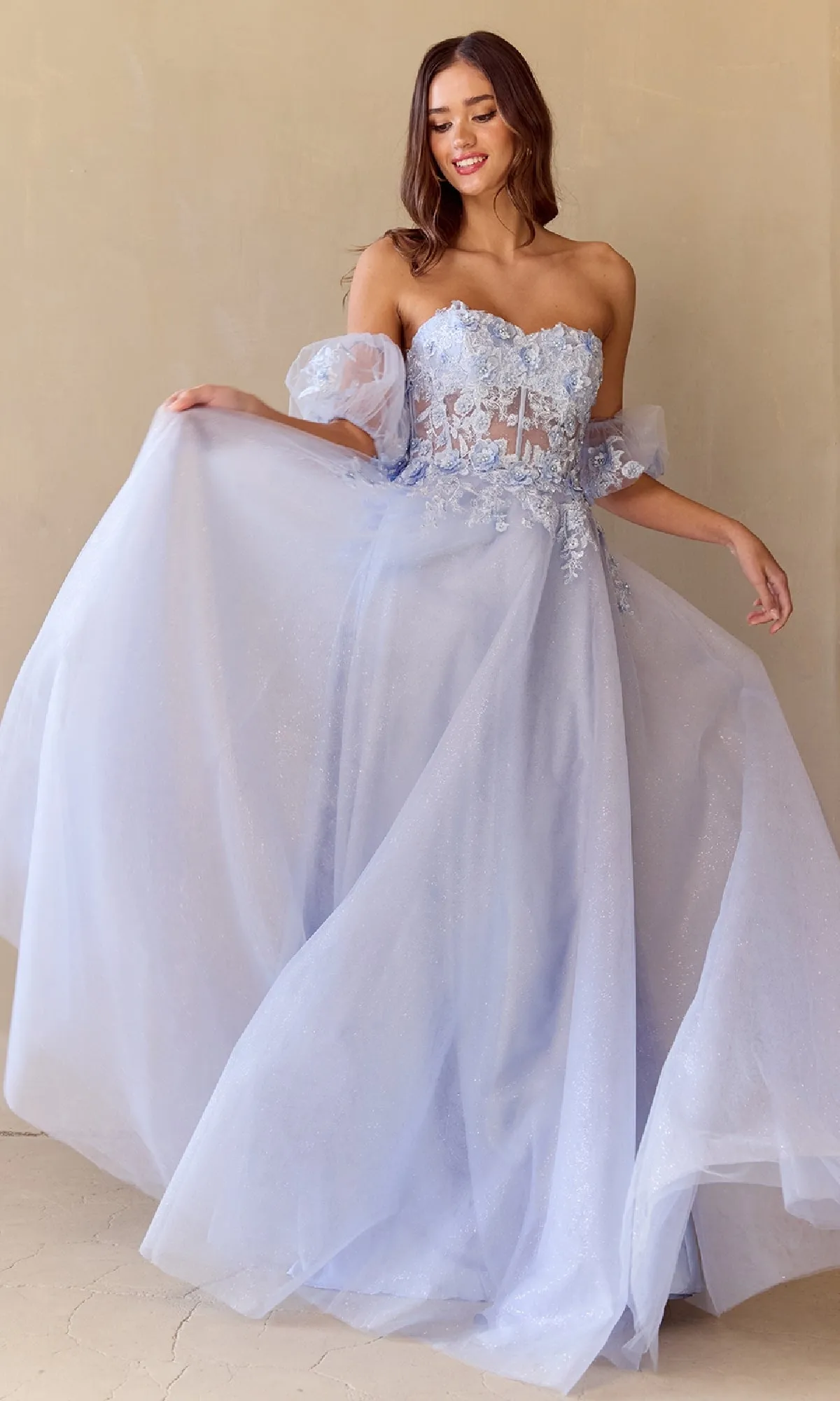 Puff-Sleeve Long Prom Dress: Amelia Couture 3041 sold by PromGirl
