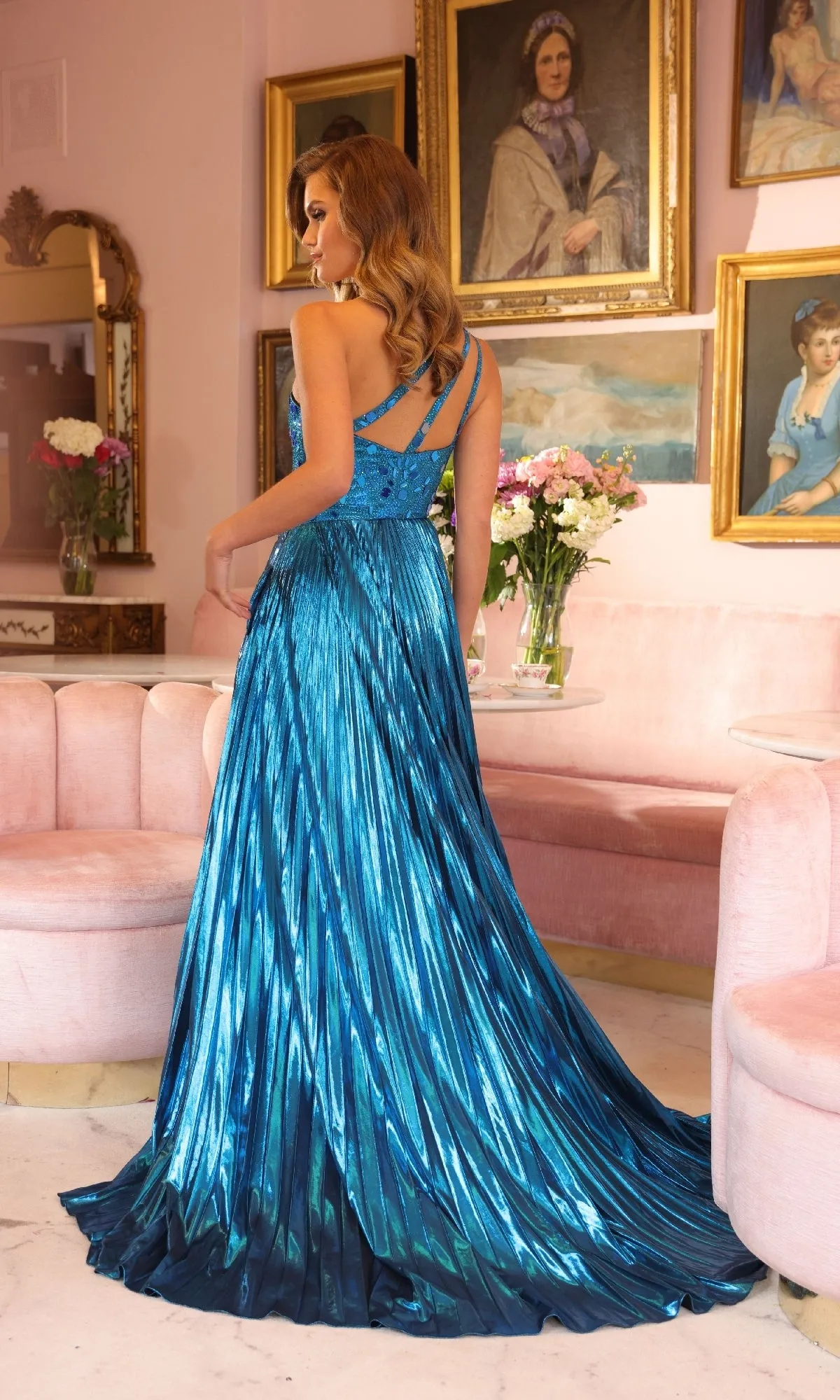 Long Metallic Pleated Prom Gown: Ava Presley 40105 sold by PromGirl product image thumbnail 2