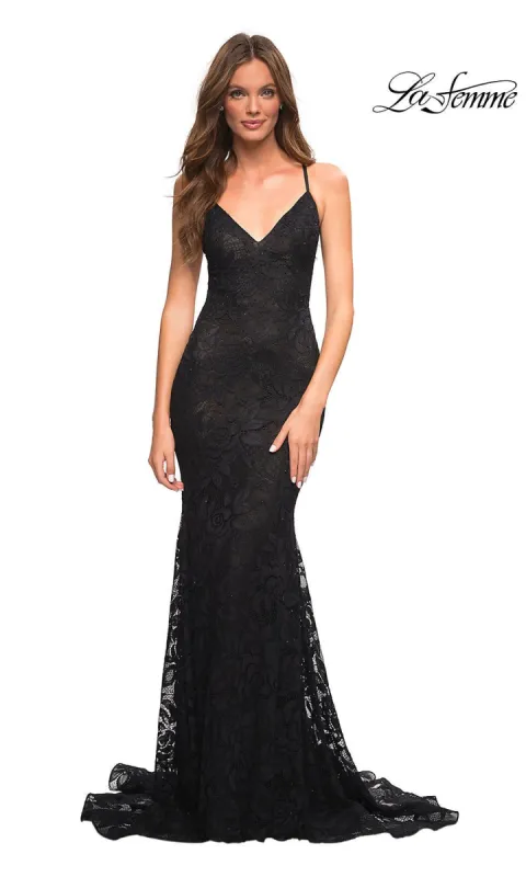 Long Open-Back Lace Prom Dress by La Femme sold by PromGirl