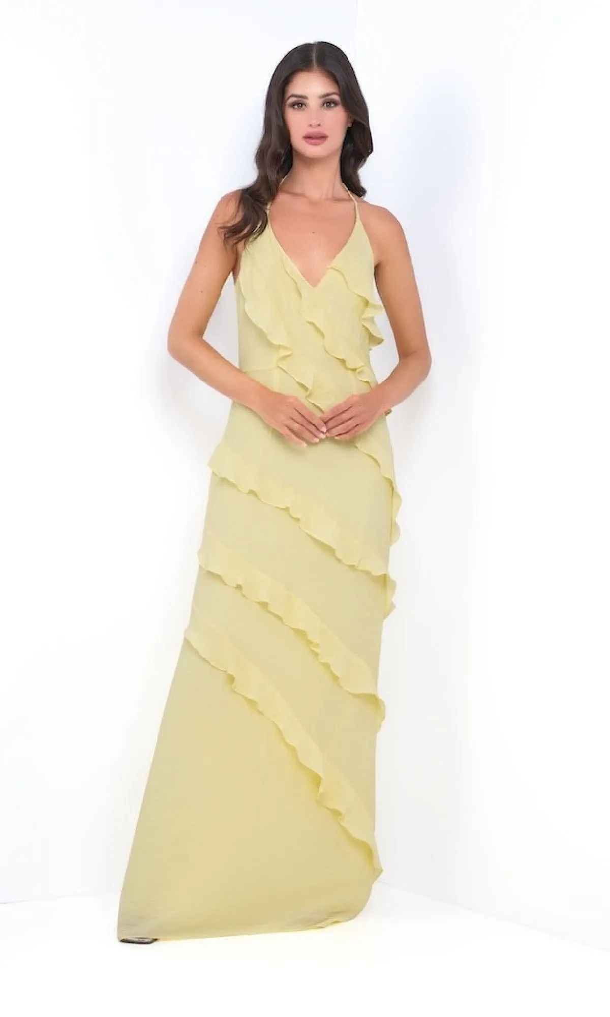 V-Neck Halter Ruffled Long Prom Dress: Remi by Velvi sold by PromGirl product image thumbnail 3