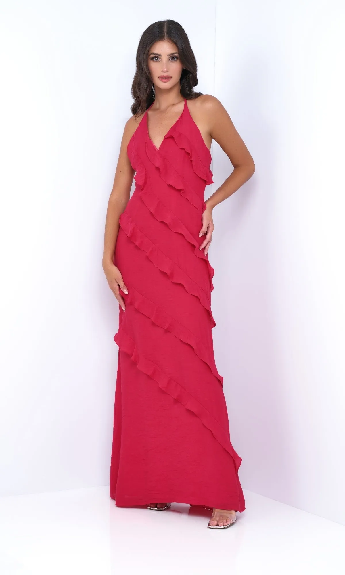 V-Neck Halter Ruffled Long Prom Dress: Remi by Velvi sold by PromGirl product image thumbnail 4