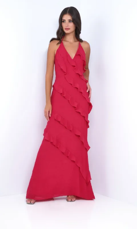 V-Neck Halter Ruffled Long Prom Dress: Remi by Velvi sold by PromGirl