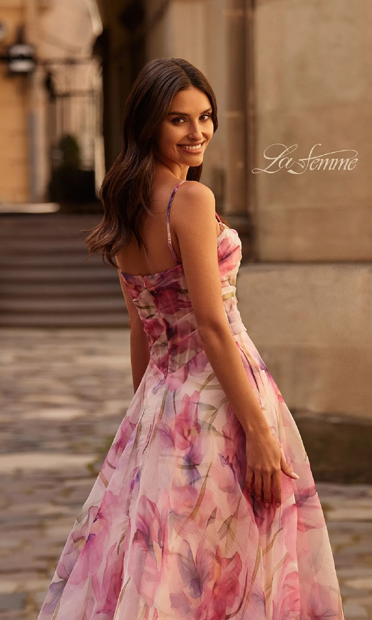 Pink Floral-Print Corset Prom Dress: La Femme 32686 sold by PromGirl product image thumbnail 5