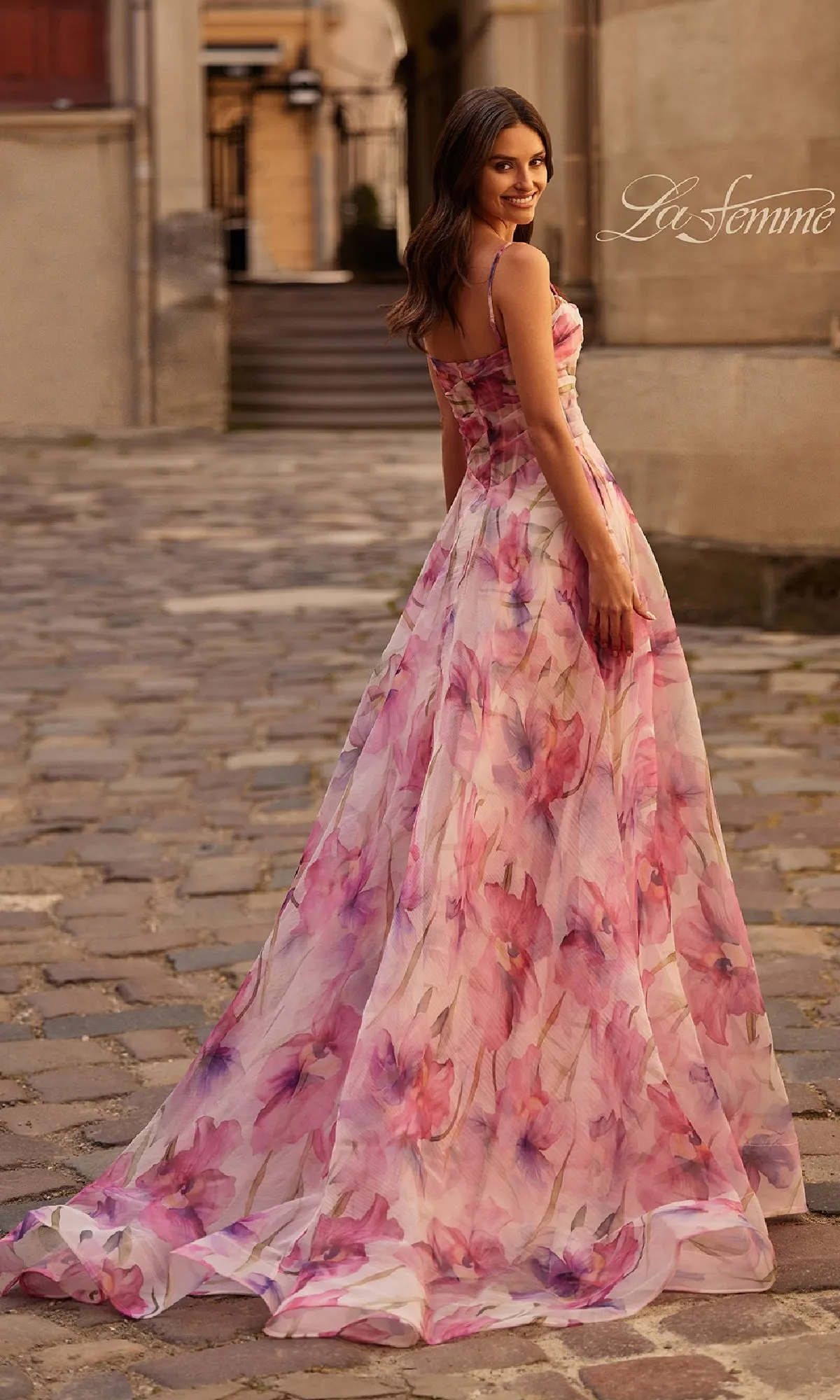 Pink Floral-Print Corset Prom Dress: La Femme 32686 sold by PromGirl product image thumbnail 2