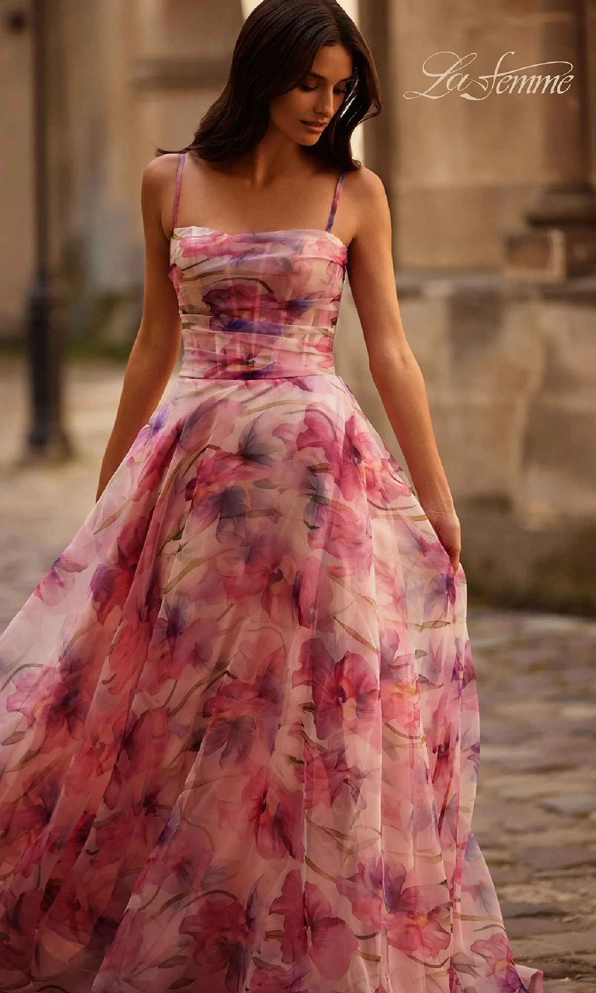 Pink Floral-Print Corset Prom Dress: La Femme 32686 sold by PromGirl product image thumbnail 3