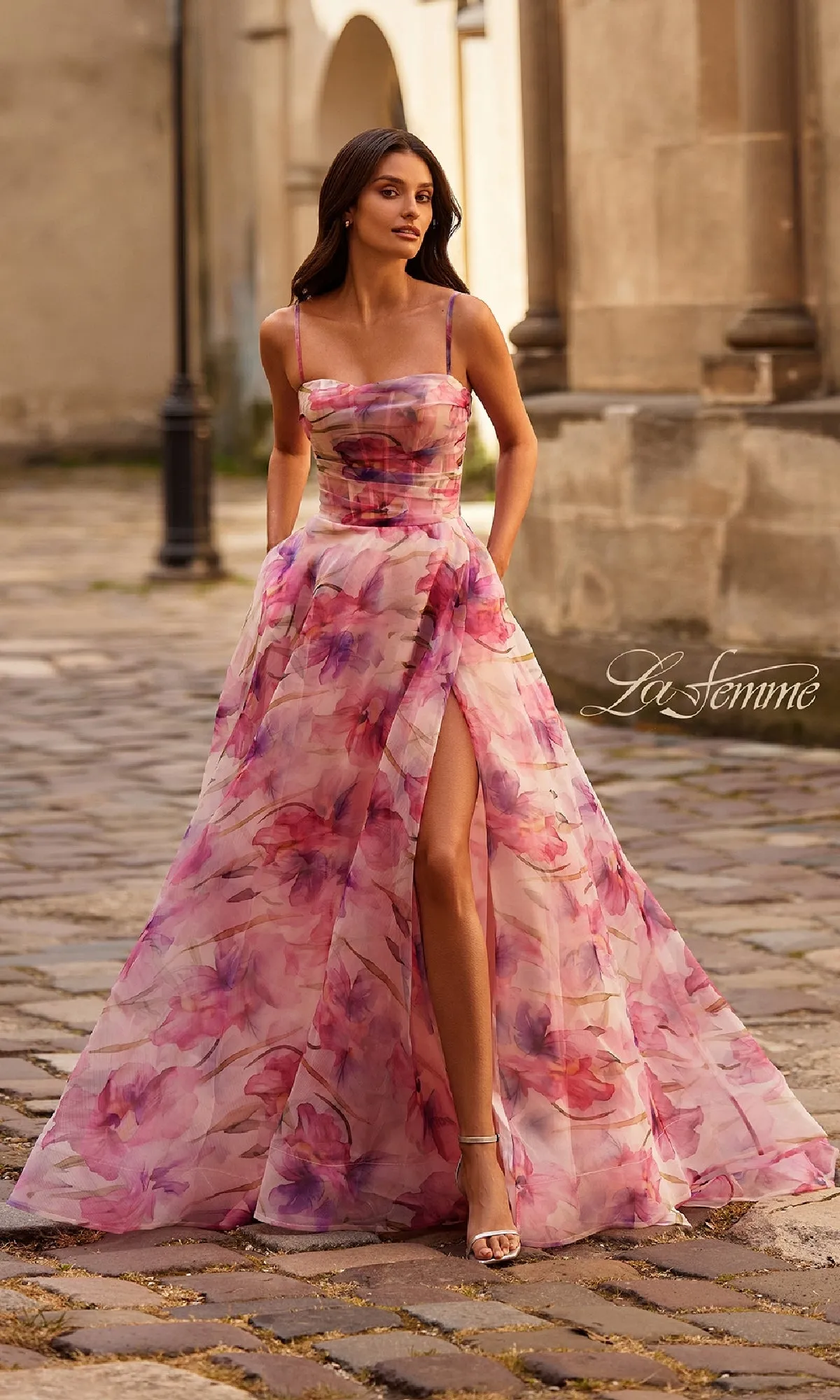Pink Floral-Print Corset Prom Dress: La Femme 32686 sold by PromGirl