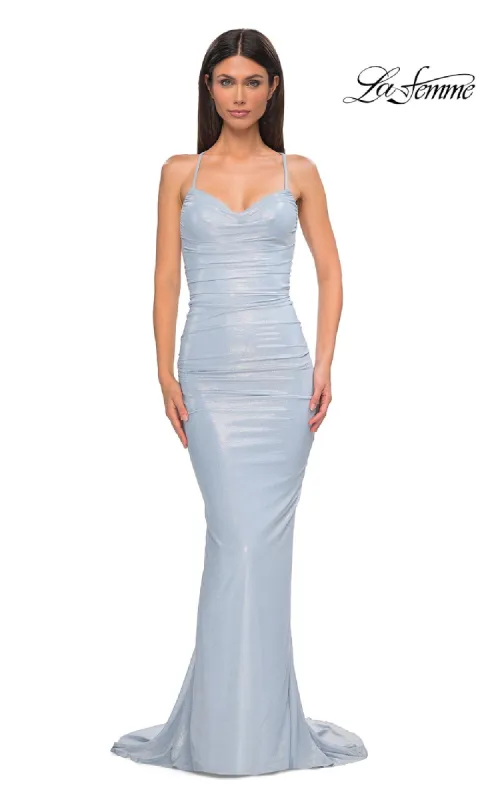 Backless Metallic Jersey Prom Dress: La Femme 32973 sold by PromGirl