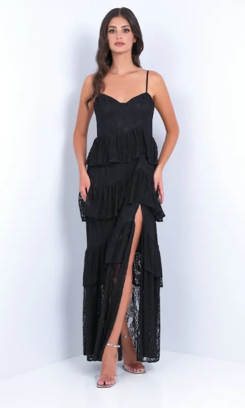 Ruffled Tiered Long Lace Prom Dress: Vanna by Velvi made by PromGirl